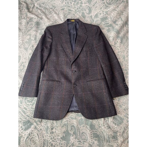 Vintage 80's Barrister Men's Plaid Woven Gray Wool Blazer Jacket Heyward Mahon - Picture 1 of 10